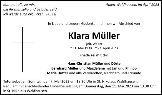 Traueranzeige von Klara Müller von Schwäbische Post