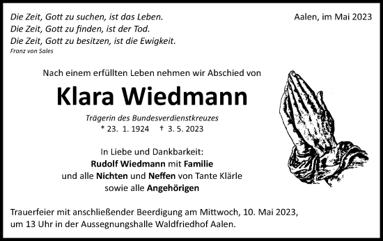 Traueranzeige von Klara Wiedmann von Schwäbische Post