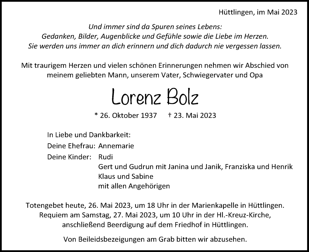  Traueranzeige für Lorenz Bolz vom 26.05.2023 aus Schwäbische Post