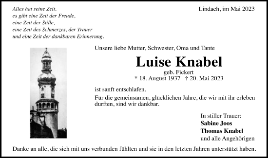 Traueranzeige von Luise Knabel von Gmünder Tagespost