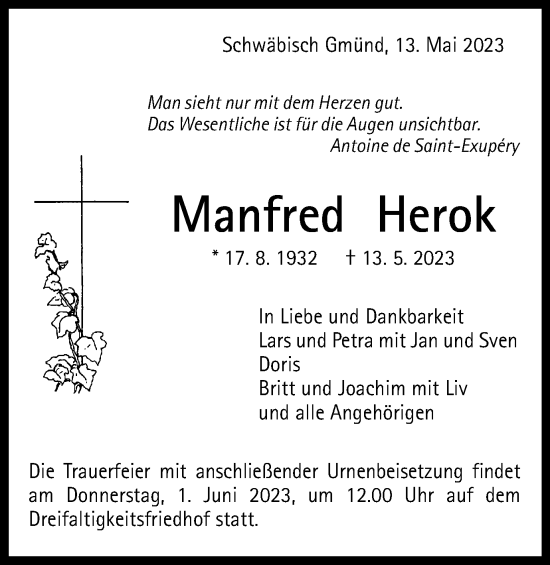 Traueranzeige von Manfred Herok von Gmünder Tagespost