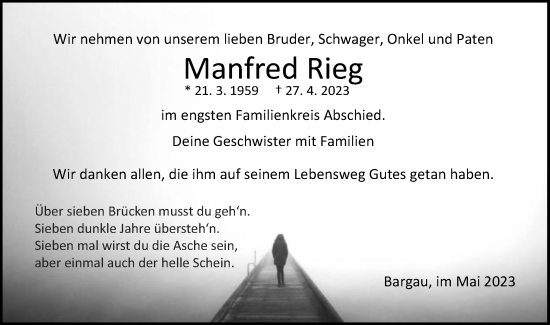 Traueranzeige von Manfred Rieg von Gmünder Tagespost