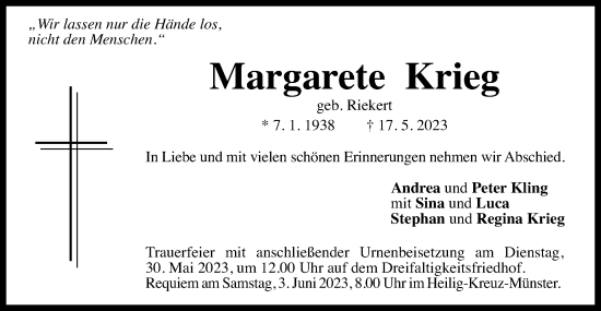 Traueranzeige von Margarete Krieg von Gmünder Tagespost