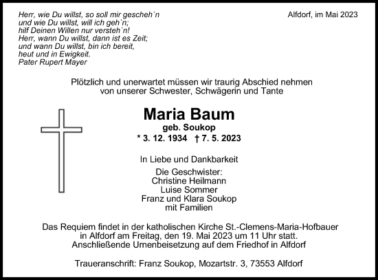 Traueranzeige von Maria Baum von Gmünder Tagespost