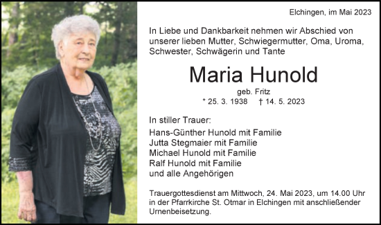 Traueranzeige von Maria Hunold von Schwäbische Post
