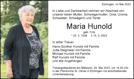 Traueranzeige von Maria Hunold