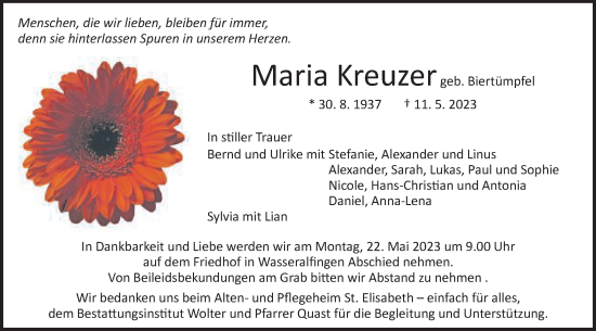Traueranzeige von Maria Kreuzer von Schwäbische Post
