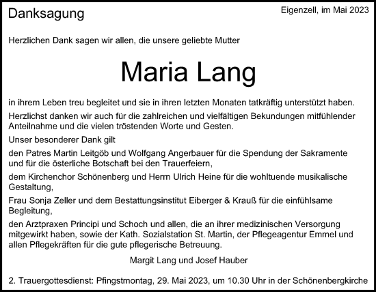 Traueranzeige von Maria Lang von Schwäbische Post
