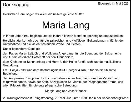 Traueranzeige von Maria Lang