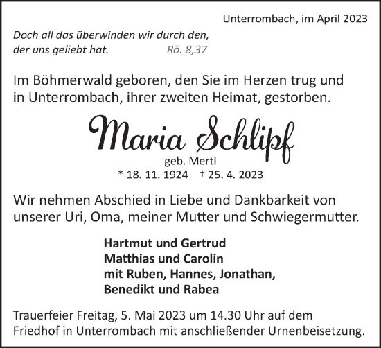 Traueranzeige von Maria Schlipf von Schwäbische Post