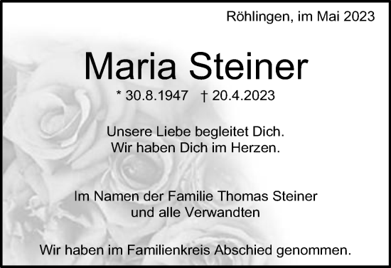 Traueranzeige von Maria Steiner von Schwäbische Post