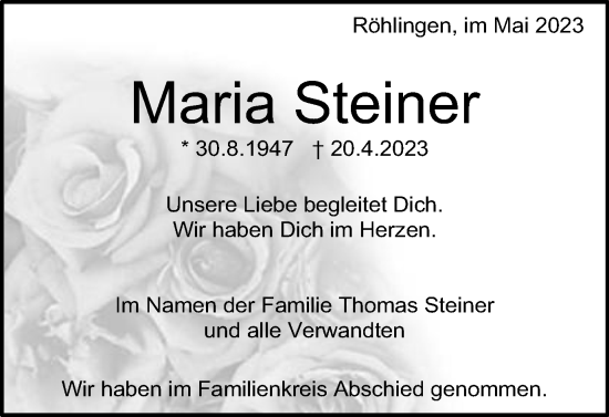 Traueranzeige von Maria Steiner