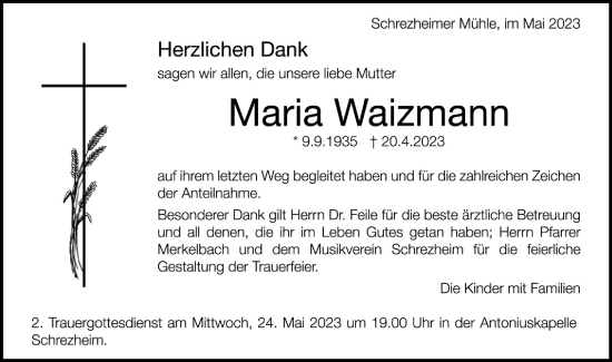 Traueranzeige von Maria Waizmann von Schwäbische Post