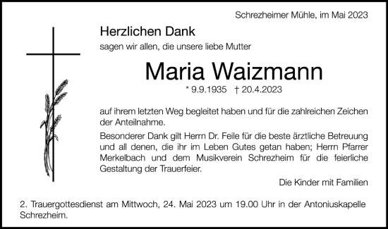 Traueranzeige von Maria Waizmann