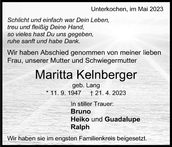 Traueranzeige von Maritta Kelnberger von Schwäbische Post