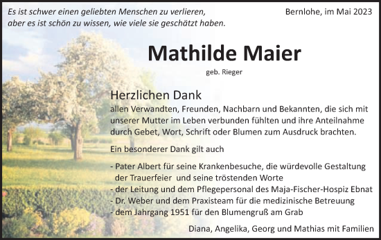 Traueranzeige von Mathilde Maier von Schwäbische Post