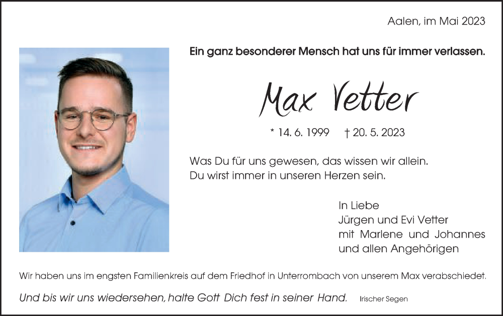  Traueranzeige für Max Vetter vom 26.05.2023 aus Schwäbische Post