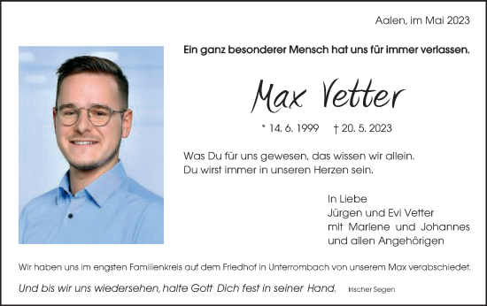 Traueranzeige von Max Vetter von Schwäbische Post