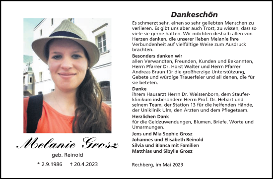 Traueranzeige von Melanie Grosz von Gmünder Tagespost