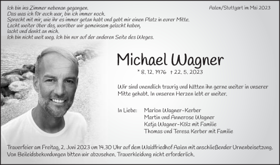 Traueranzeige von Michael Wagner von Schwäbische Post