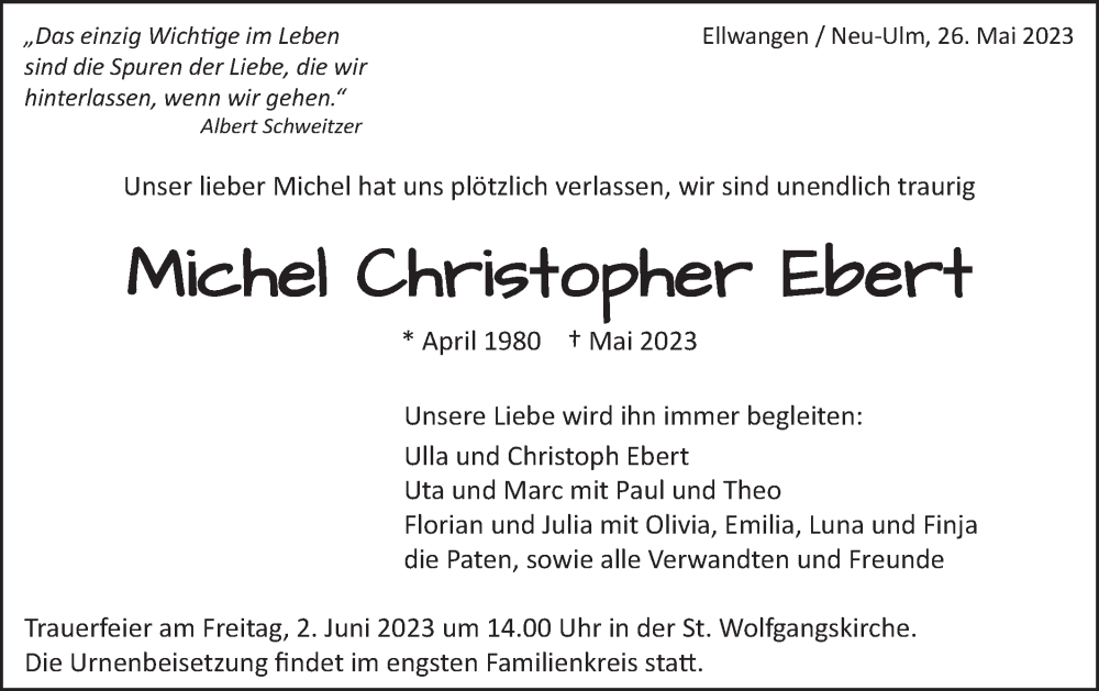  Traueranzeige für Michel Christopher Ebert vom 27.05.2023 aus Schwäbische Post