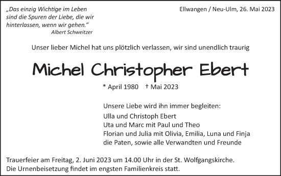 Traueranzeige von Michel Christopher Ebert von Schwäbische Post