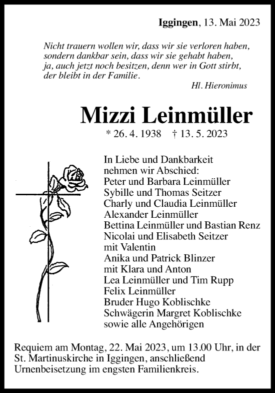 Traueranzeige von Mizzi Leinmüller von Gmünder Tagespost