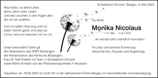 Traueranzeige von Monika Nicolaus von Gmünder Tagespost