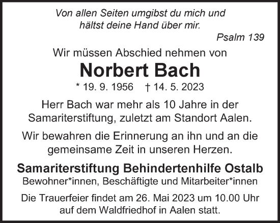 Traueranzeige von Norbert Bach von Schwäbische Post