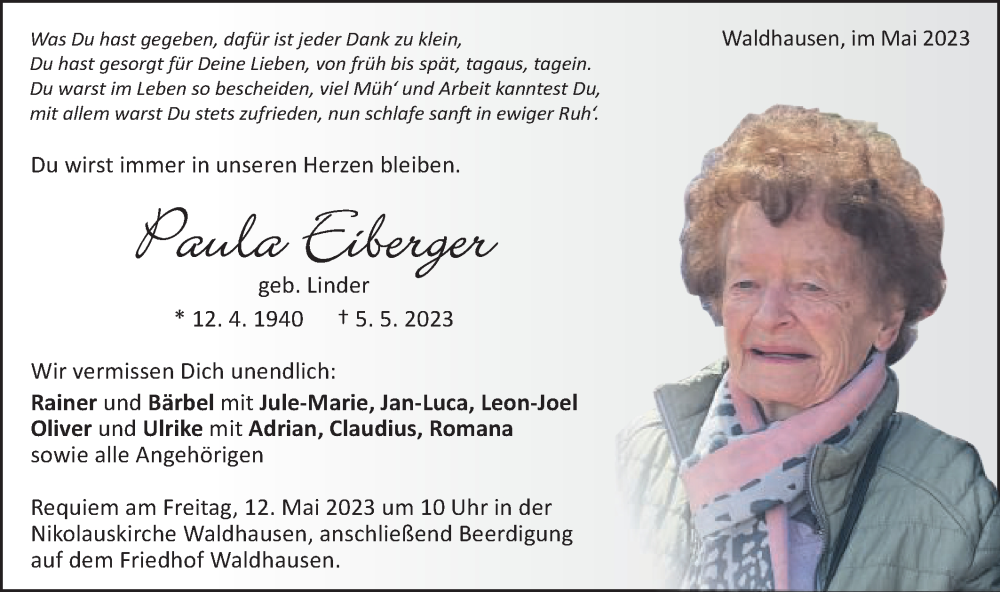  Traueranzeige für Paula Eiberger vom 08.05.2023 aus Schwäbische Post