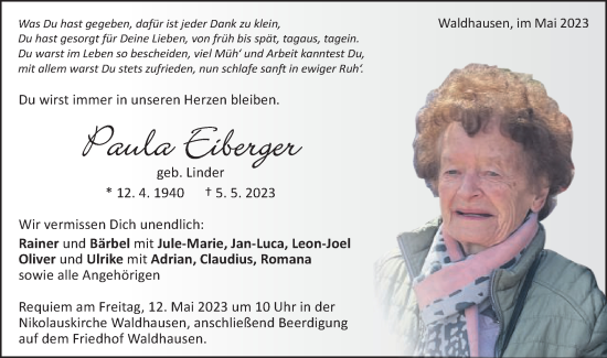 Traueranzeige von Paula Eiberger von Schwäbische Post