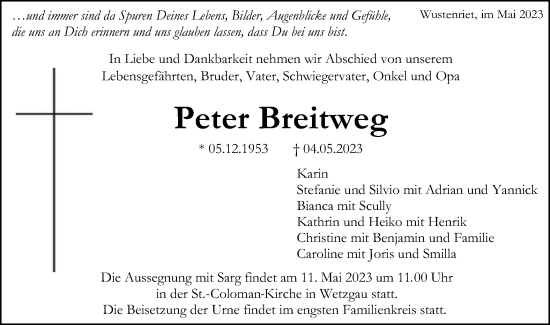 Traueranzeige von Peter Breitweg von Gmünder Tagespost