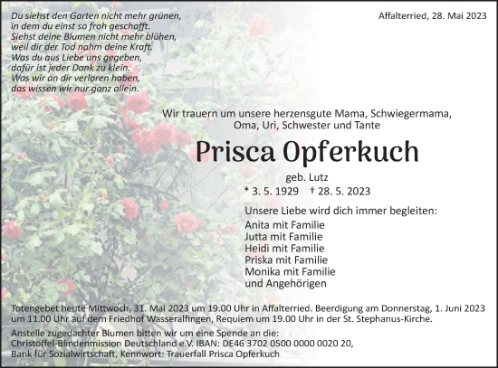 Traueranzeige von Prisca Opferkuch von Schwäbische Post