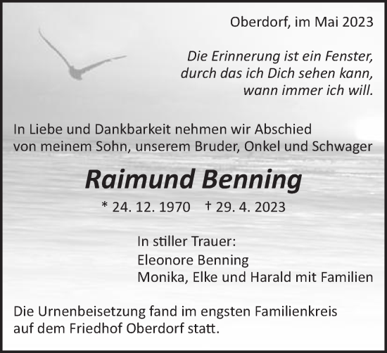 Traueranzeige von Raimund Benning von Schwäbische Post