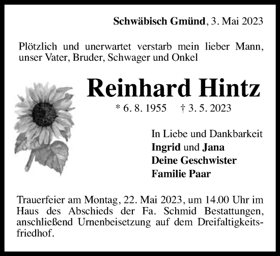 Traueranzeige von Reinhard Hintz von Gmünder Tagespost