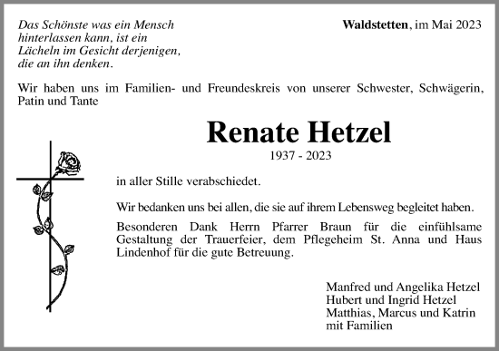 Traueranzeige von Renate Hetzel von Gmünder Tagespost