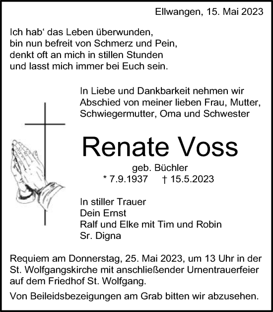 Traueranzeige von Renate Voss von Schwäbische Post