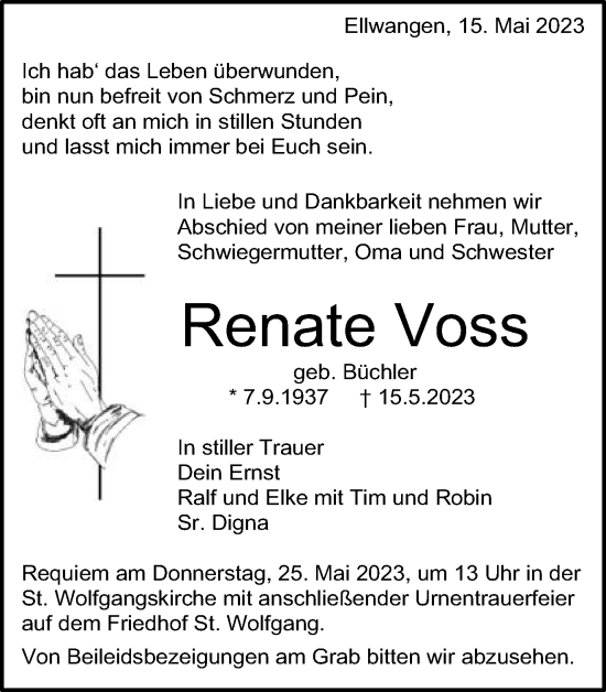 Traueranzeige von Renate Voss