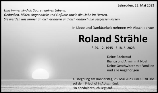 Traueranzeige von Roland Strähle von Schwäbische Post