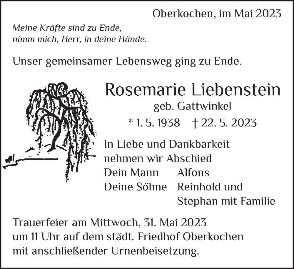  Traueranzeige für Rosemarie Liebenstein vom 26.05.2023 aus Schwäbische Post