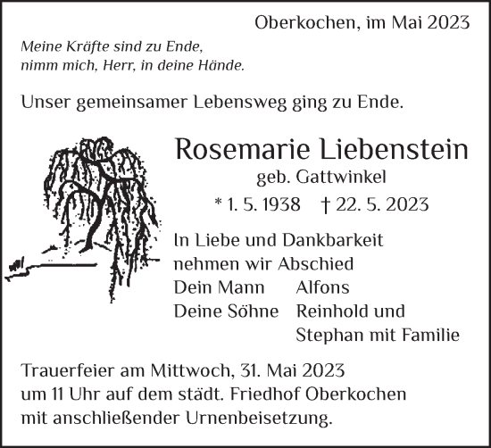 Traueranzeige von Rosemarie Liebenstein von Schwäbische Post