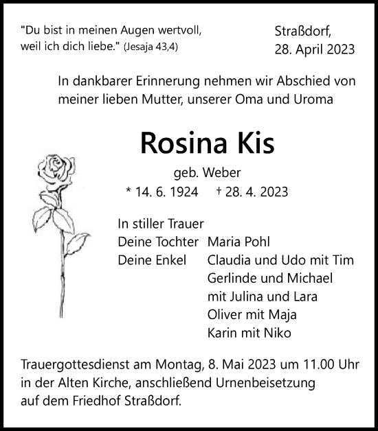 Traueranzeige von Rosina Kis von Gmünder Tagespost