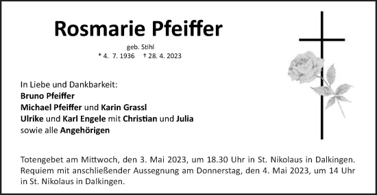 Traueranzeige von Rosmarie Pfeiffer von Schwäbische Post