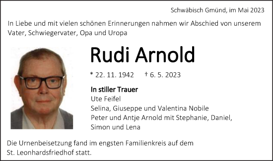 Traueranzeige von Rudi Arnold von Gmünder Tagespost