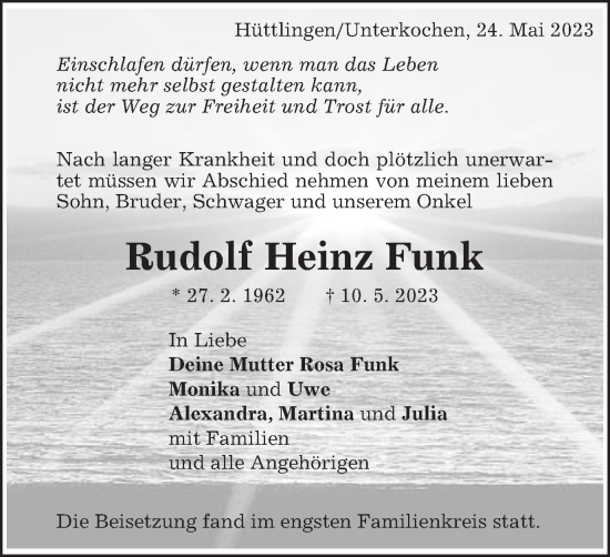 Traueranzeige von Rudolf Heinz Funk von Schwäbische Post