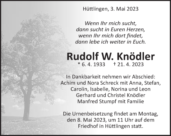 Traueranzeige von Rudolf W. Knödler von Schwäbische Post