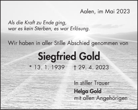 Traueranzeige von Siegfried Gold von Schwäbische Post