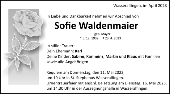 Traueranzeige von Sofie Waldenmaier von Schwäbische Post
