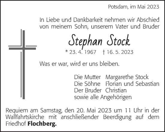 Traueranzeige von Stephan Stock von Schwäbische Post