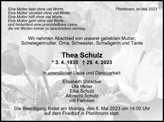 Traueranzeige von Thea Schulz von Gmünder Tagespost